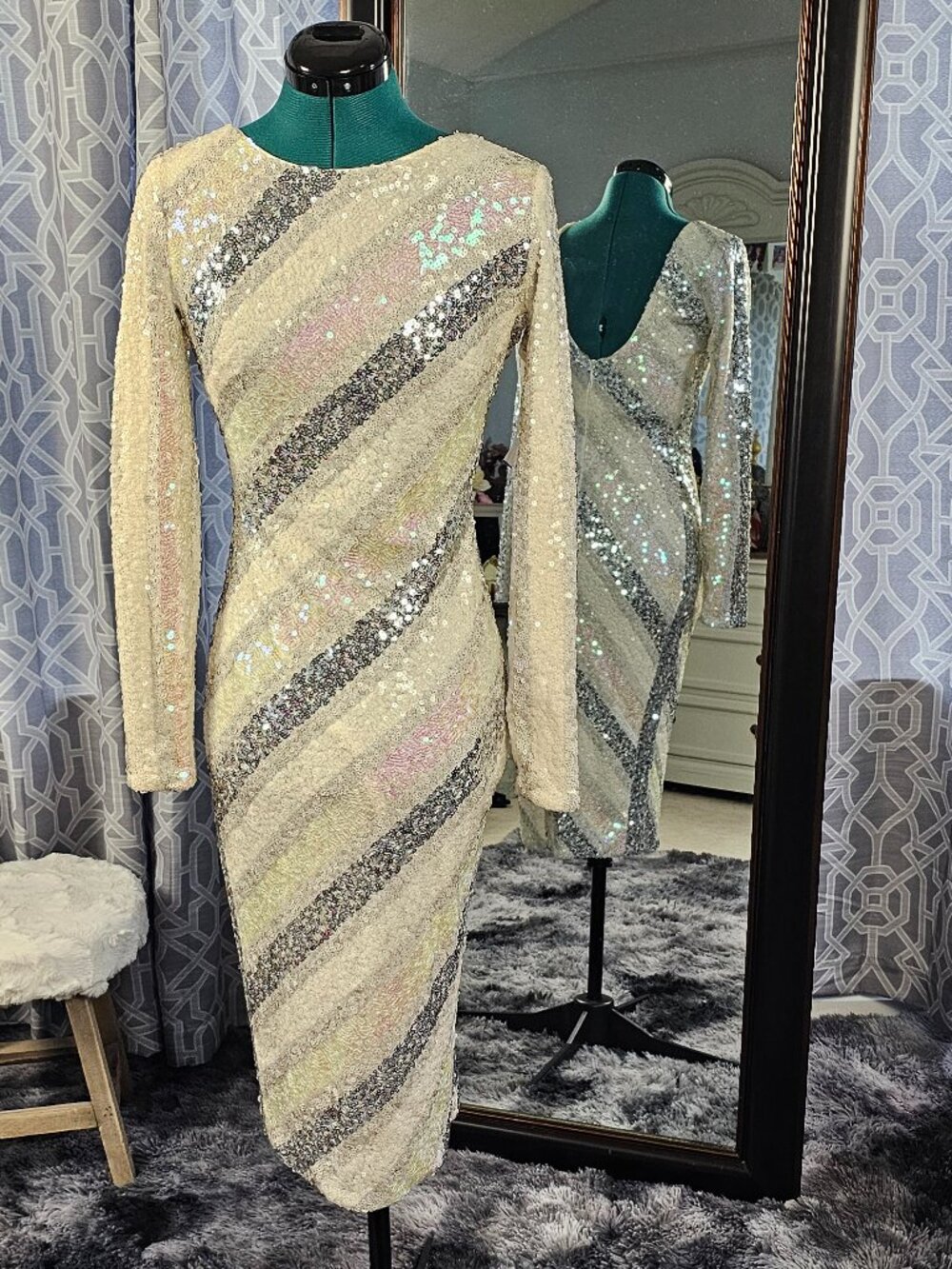 Dress the Population Emery Sequin Bodycon Dress, Off‑White Multi, Size S NWT